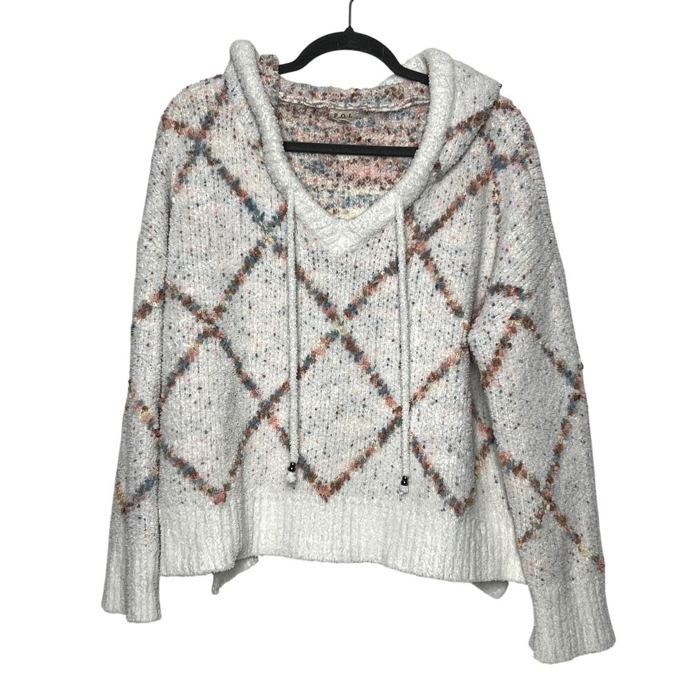 POL Knit Hoodie Sweater Size Small V-Neck Pullover Diamond Pattern